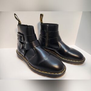 Black Leather Buckle Ankle Boots with Yellow Stitching - Dr. Martens